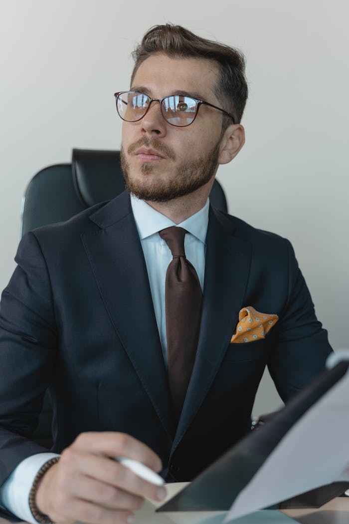 why-choose-us Young professional businessman wearing a suit and glasses, sitting at a desk with documents.
